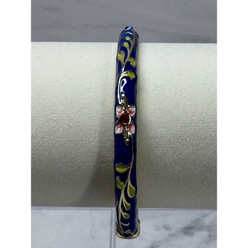 Blue Enamel Floral Bangle Bracelet Gold Tone Vine Hinged Crystal NWT